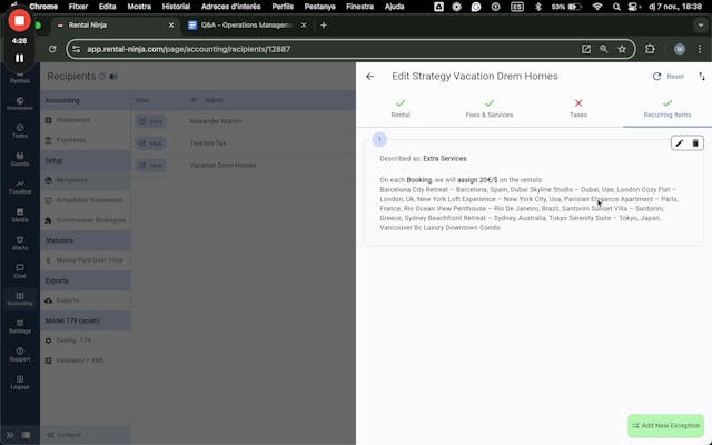 Recurring Items section, showing options for adding non-booking breakdown charges